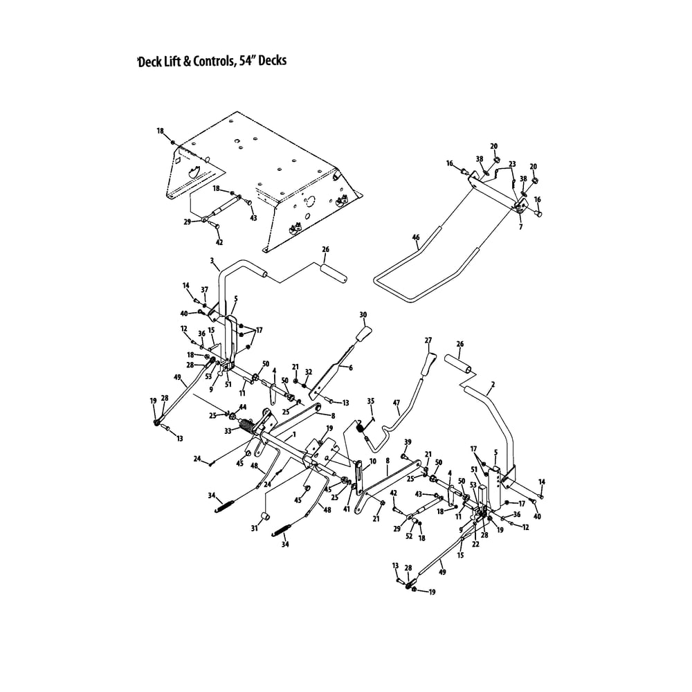 54" Deck Lift/Controls Diagram and Parts List for RZTSERIES  Cub Cadet Lawn Tractor